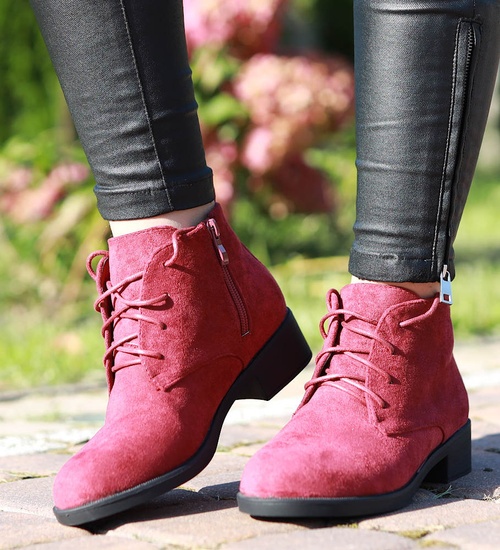 Bordowe botki damskie z wiązaniami /D8-2 9627 S491/