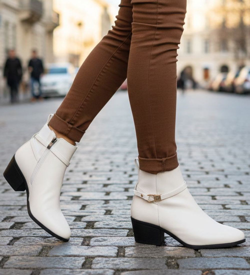 Botki na grubym obcasie Ecru /A9-3 18536 G285/