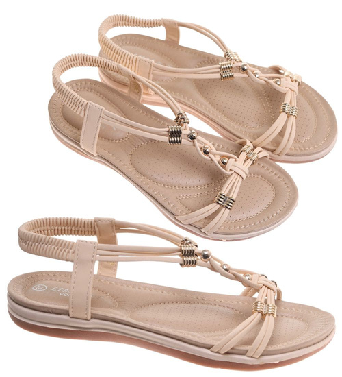 Beżowe paseczkowe sandały damskie wsuwane /E1-2 17916 W235/