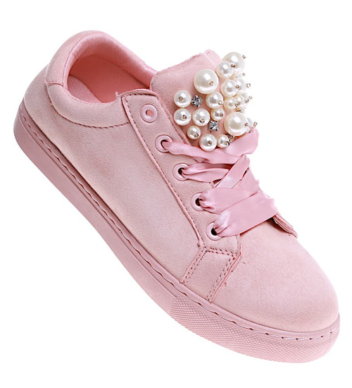 Sznurowane różowe trampki damskie z perełkami /E4-3 15953 T185/