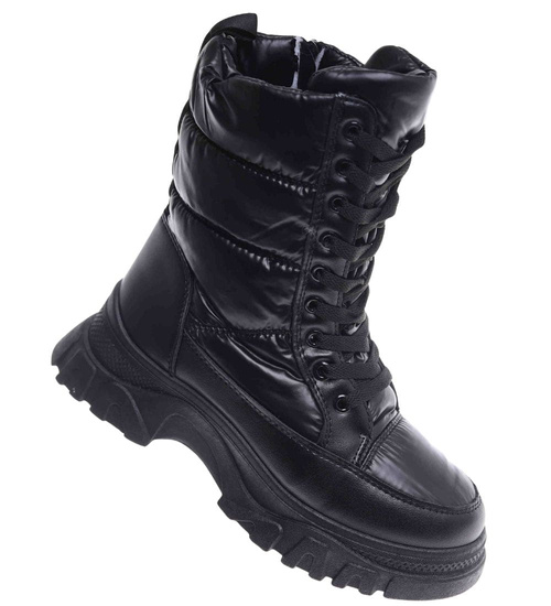 Sznurowane czarne śniegowce damskie /C7-1 18607 T366/