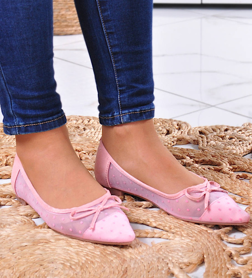 Koronkowe balerinki z kokardką Różowe /G13-2 8369 S099/ 