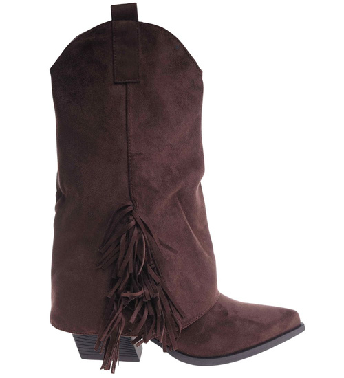 Krótkie czekoladowe kozaki boho na obcasie /B6-2 18580 G688/