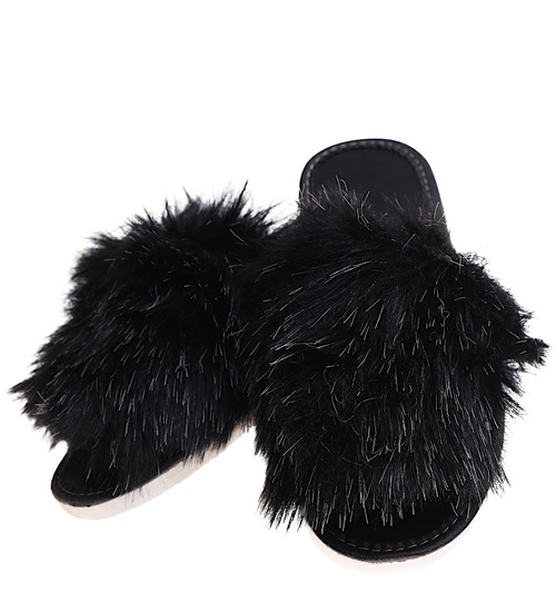 Klapki z futerkiem na grubym spodzie Czarne /E1-1 6925 S197/