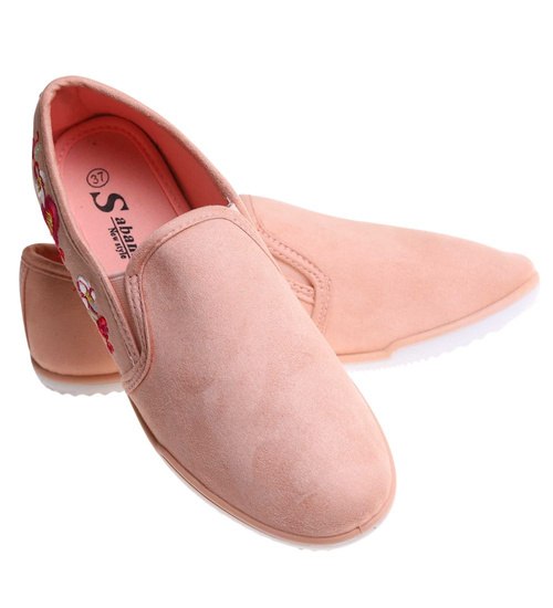 Jasno różowe tenisówki z kwiatowym haftem /F5-2 17875 T142/