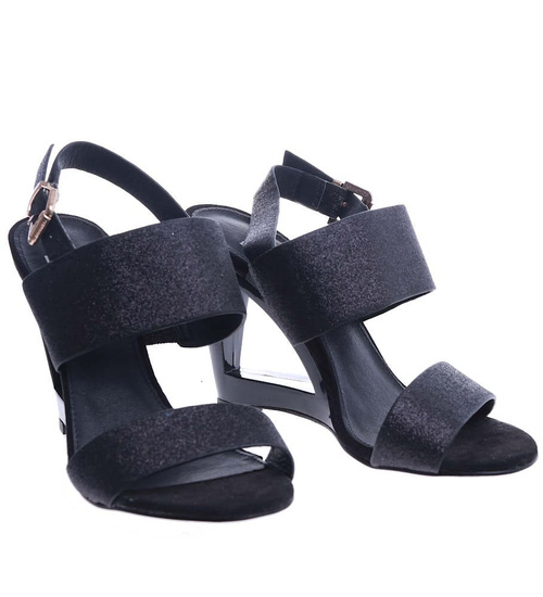 Czarne damskie sandały na koturnie /F9-2 14143 S190/