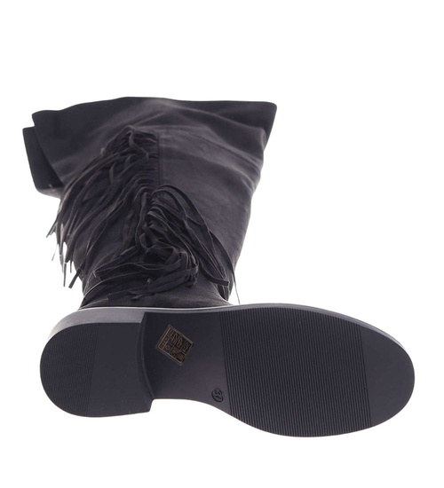 Wysokie czarne kozaki muszkieterki z frędzlami /J6-3 18543 G599/