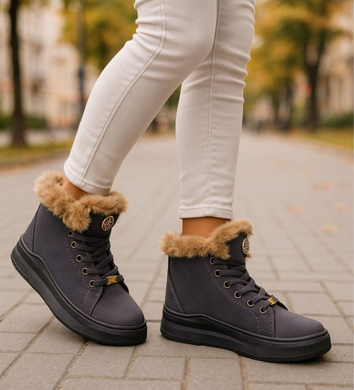 Szare ocieplane botki jak trampki z kożuszkiem /F9-2 15213 S291/
