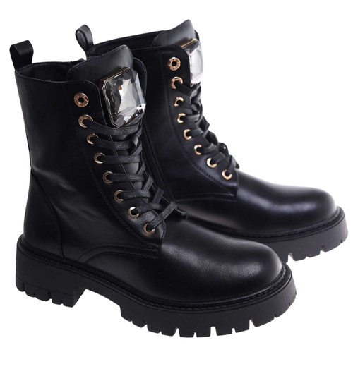 Czarne trapery damskie z kamieniem /F2-3 18274 W484/