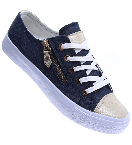 Sznurowane granatowe trampki ze złotymi noskami /F10-3 15805  T133/