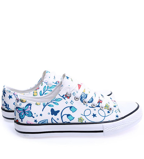 Białe sznurowane damskie trampki z kolorowym printem /D7-2 15604 T266/