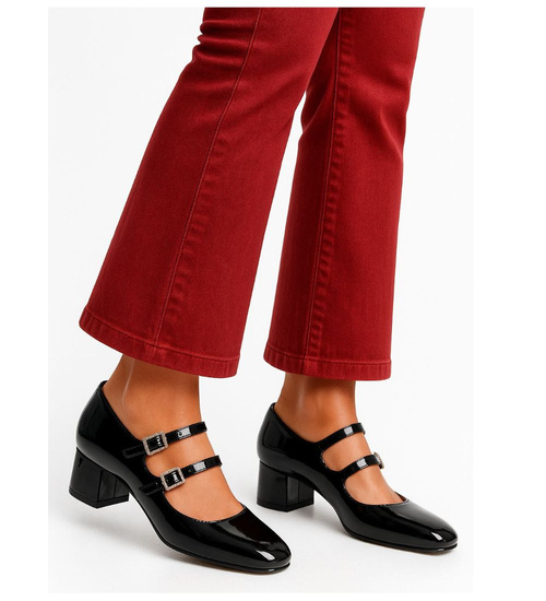 Czarne czółenka z paskiem na niskim obcasie /F9-1 17514  W182/