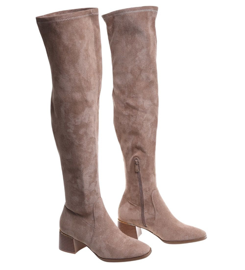 Beżowe kozaki muszkieterki na obcasie /D8-2 18256 W488/