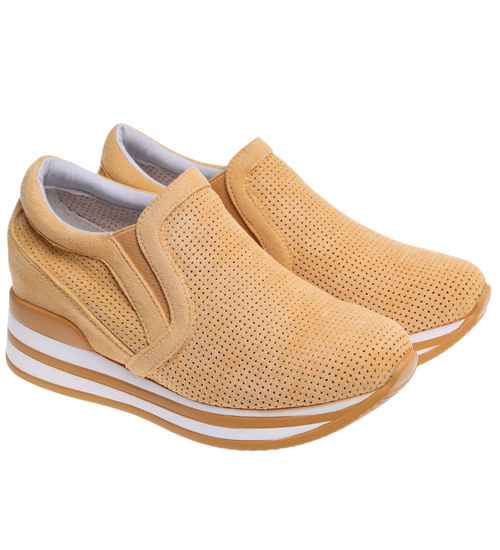 Ażurowe żółte sneakersy na koturnie /G5-3 18046 T183/