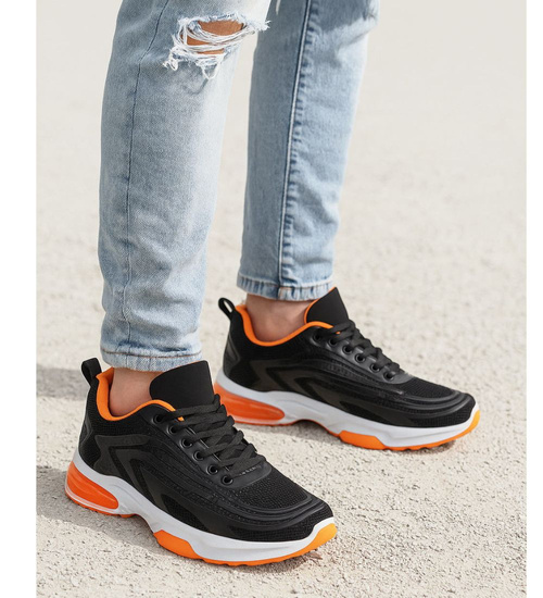 Sznurowane chłopięce buty sportowe Czarno pomarańczowe /G12-1 18089 T333/