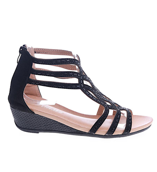 Czarne damskie sandały na niskim koturnie /G3-2 13981 S292/