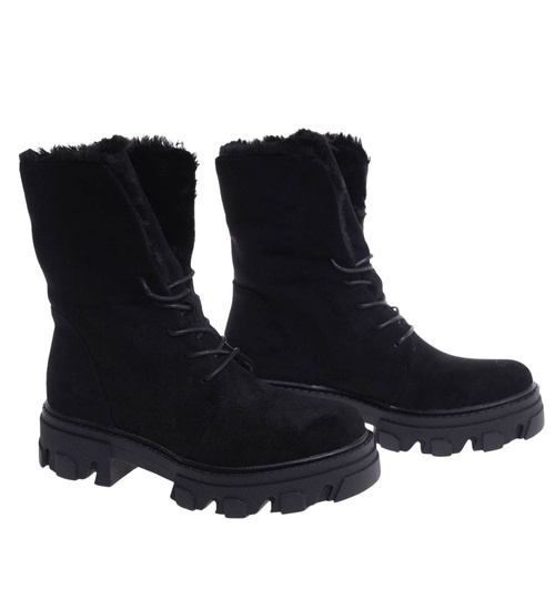 Zimowe botki trapery z wywijaną cholewką Czarne /G3-3 18529 T288/