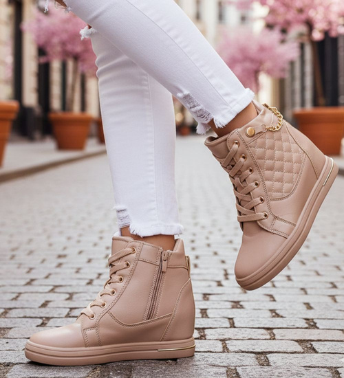 Beżowe sneakersy damskie na koturnie /F8-3 12771 T796/