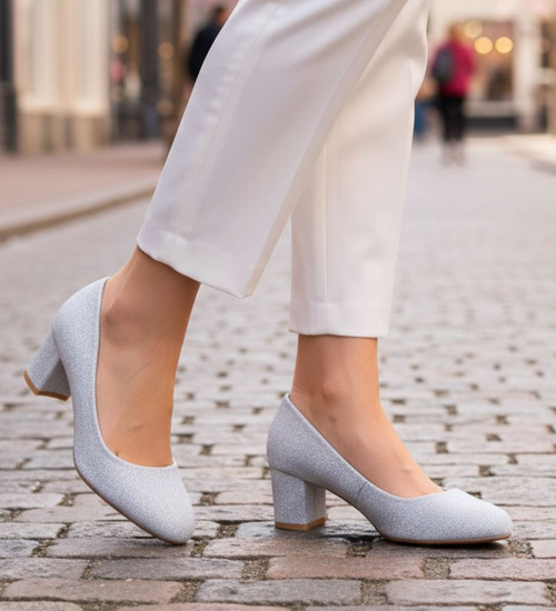 Wizytowe srebrne czółenka na klocku /G11-2 18632 T357/