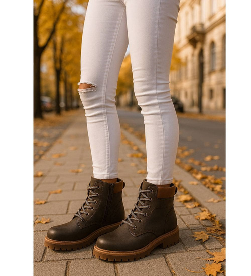 Sznurowane ocieplane botki trapery Zielone /F4-2 18276 W432/