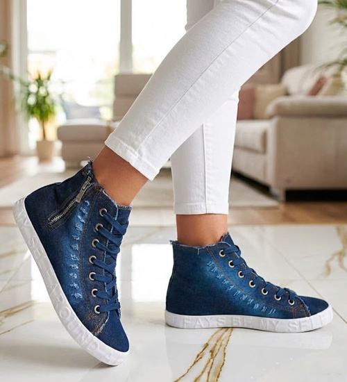 Jeansowe trampki z wysoką cholewką granatowe /C6-2 12441 T296/