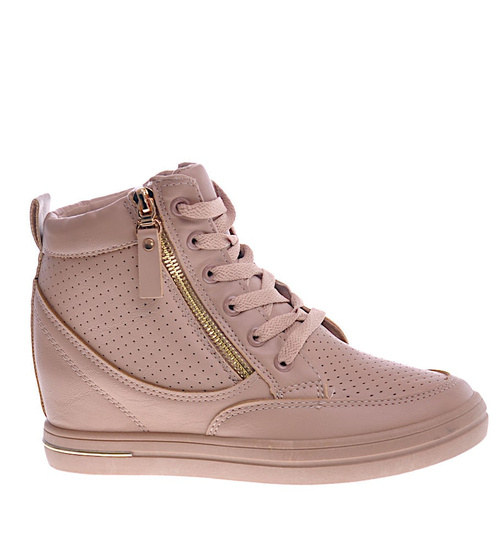 Beżowe sneakersy damskie na koturnie /B3-2 12826 T796/