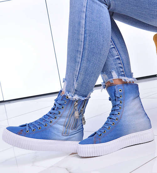 Jeansowe trampki na platformie niebieskie /F4-3 12469 T293/