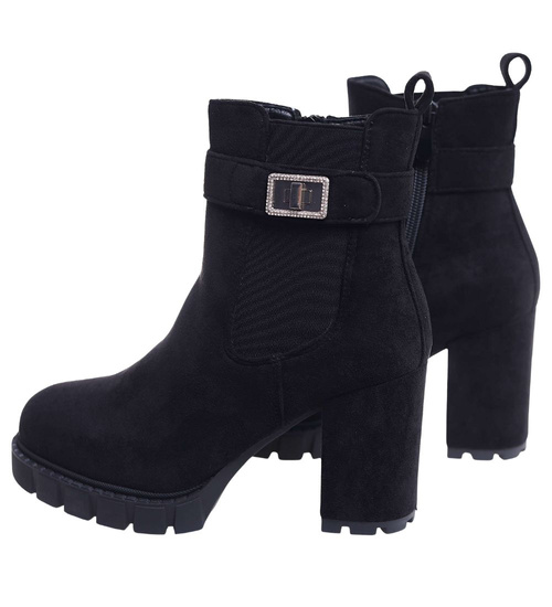 Czarne botki damskie na obcasie słupku /G13-3 18298 T388/