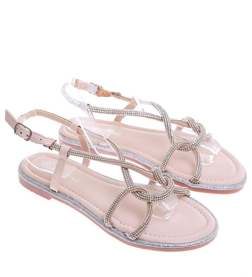 Beżowe płaskie sandały z cyrkoniami /B6-2 16377 G079/