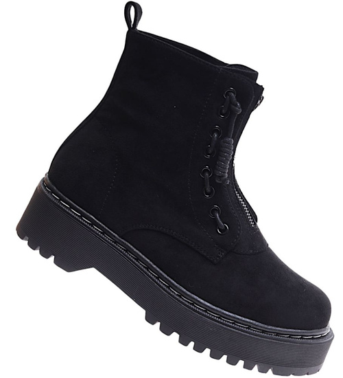 Czarne sznurowane botki trapery na platformie /E6-3 17165 T288/