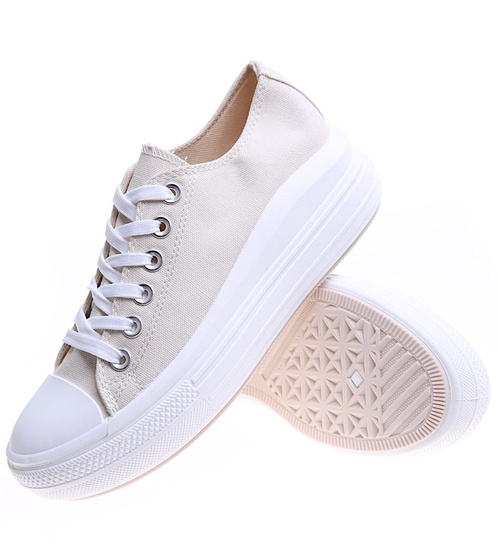 Beżowe wiązane damskie trampki na platformie /A1-3 15904 G158/