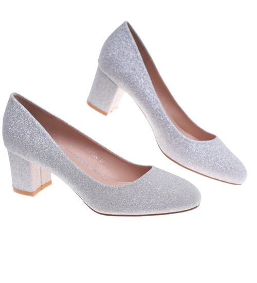 Wizytowe srebrne czółenka na klocku /G11-2 18632 T357/