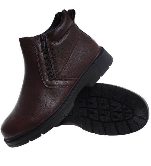 Brązowe ocieplane botki męskie z suwakiem /E3-1 18455 T581/