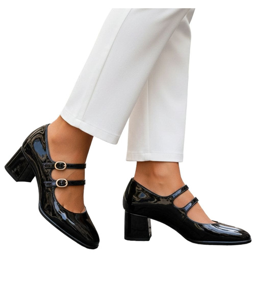 Czarne czółenka na niskim obcasie z paskami /E1-3 17520  W182/