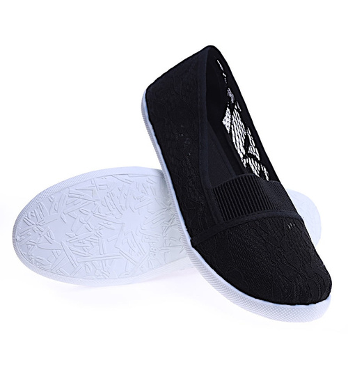 Przewiewne damskie tenisówki slip on z koronki Czarne /F7-2 14551 S154/