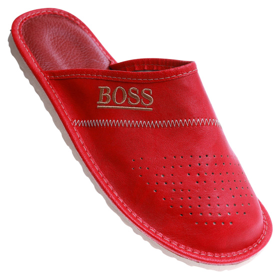 Kryte skórzane męskie klapki domowe BOSS Czerwone /G7-1 17322 S199/