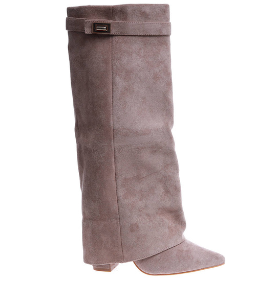 Beżowe kozaki damskie na obcasie /G7-1 14627 T108/