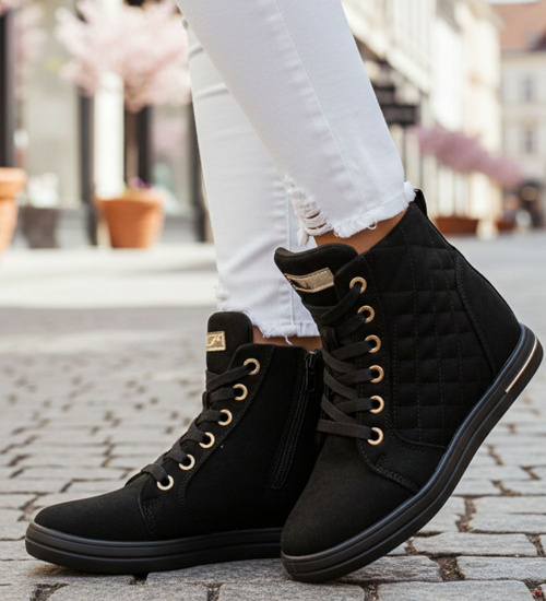 Czarne klasyczne sneakersy damskie na koturnie /D8-2 12856 T796/