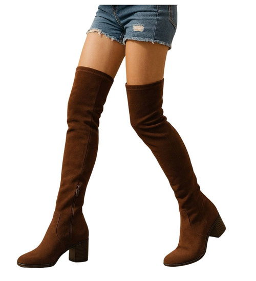 Czekoladowe kozaki muszkieterki na obcasie /F3-2 18258 W588/