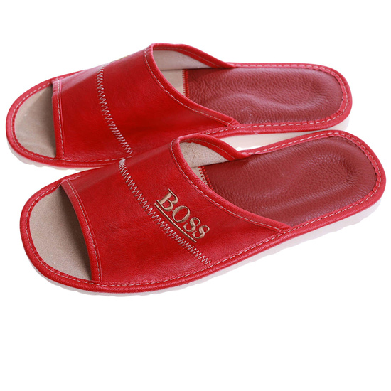 Skórzane męskie klapki domowe Czerwone /B5-1 17323 S199/