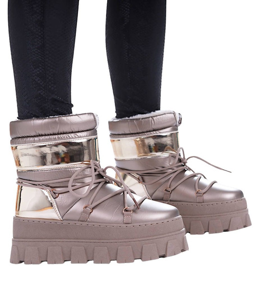 Złote zimowe kozaki śniegowce na platformie /E8-1 17112 G388/