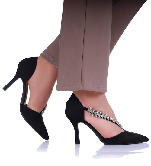 Czarne czółenka szpilki z cyrkoniami /G11-1 17212 G121/