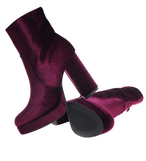 Welurowe botki damskie na platformie Wine /J6-3 H2 18393 G284/