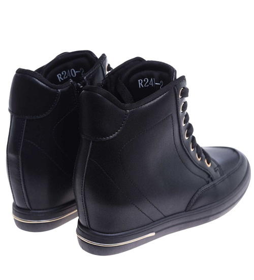 Czarne klasyczne sneakersy damskie na koturnie /F8-3 12818 T492/