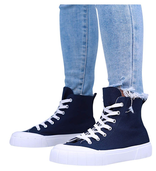 Granatowe wysokie trampki damskie z tkaniny /B3-3 15959  G157/
