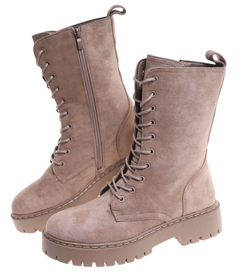 Beżowe wiązane botki workery zamszowe /J4-2 h2 18413 W388/