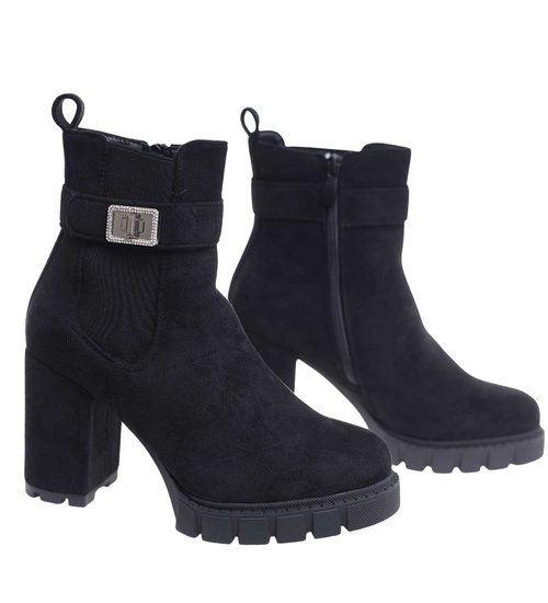 Czarne botki damskie na obcasie słupku /F7-2 18298 T388/