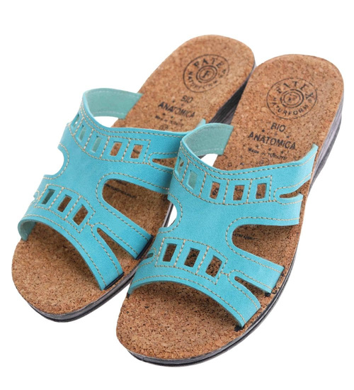 Turkusowe klapki na niskim obcasie /H2 14310 T005/