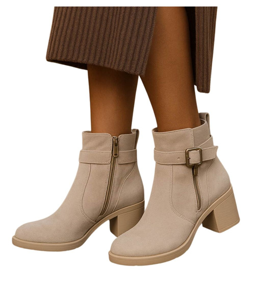 Beżowe ocieplane botki damskie na obcasie /E4-2 18379 W381/