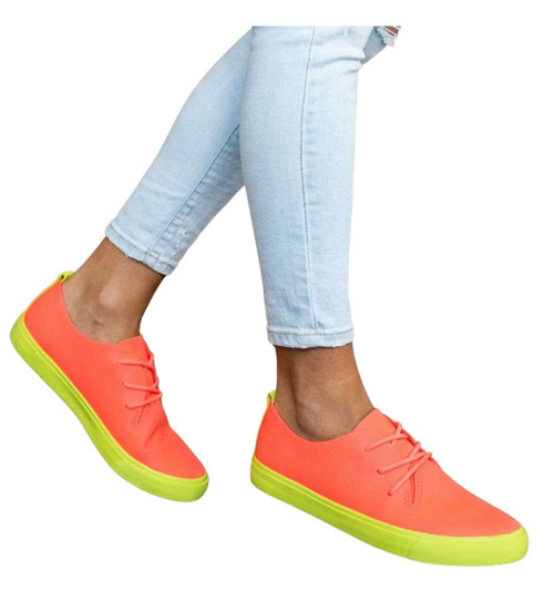 Pomarańczowe wiązane trampki damskie /E1-3 8895 S076/